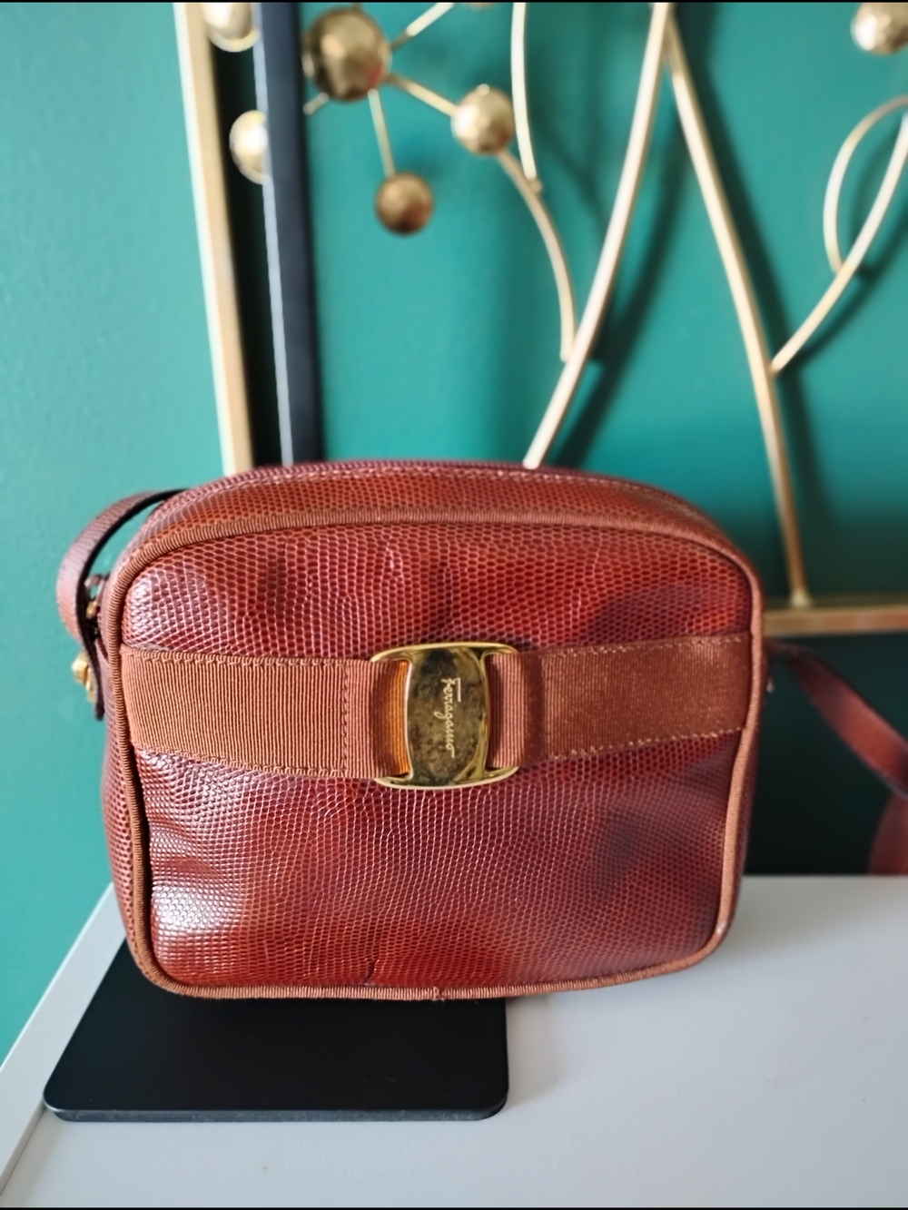 Salvatore Ferragamo Chestnut Brown Lizard-Embossed Leather Crossbody Bag